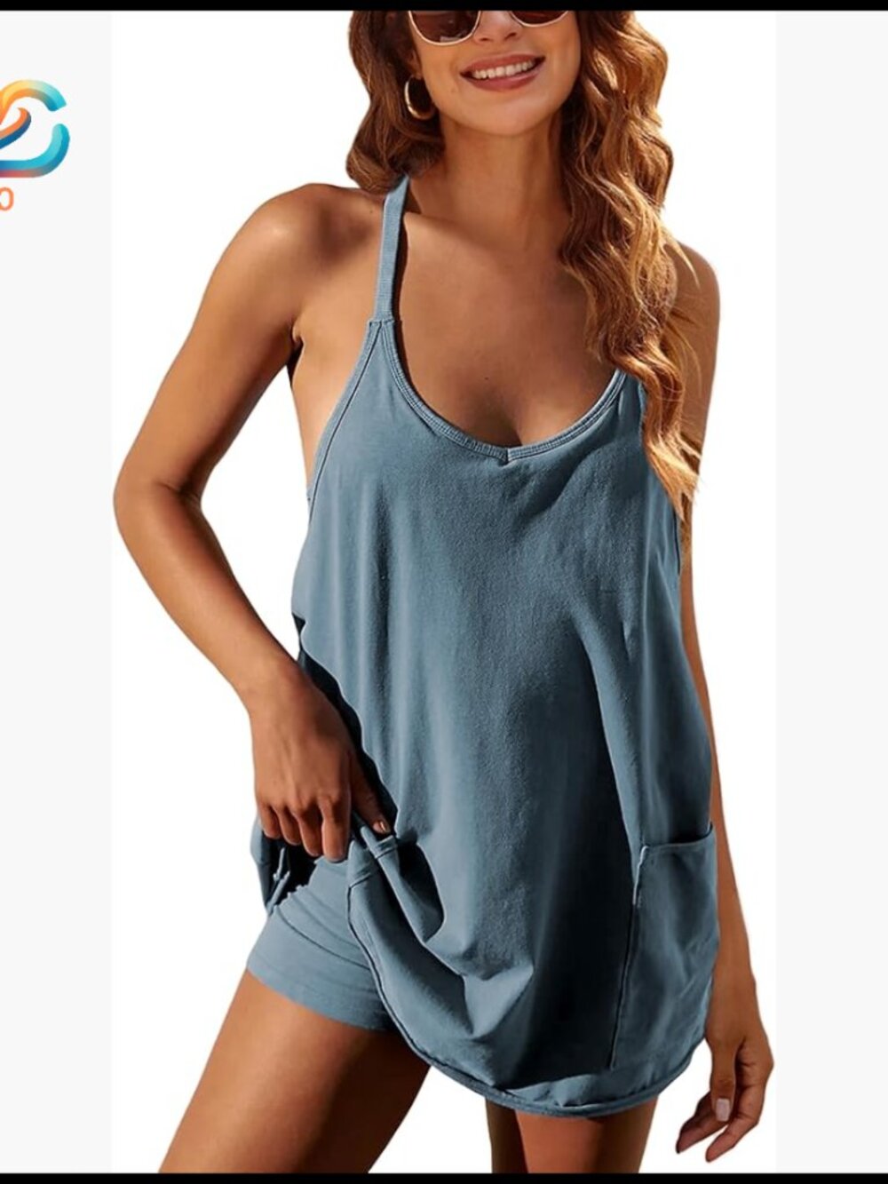Athletic Sleeveless Mini Dress With Built-In Shorts, V-Neck, Pockets